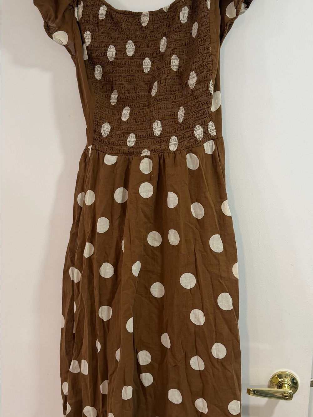Brown Polka Dot Smocked Midi Dress